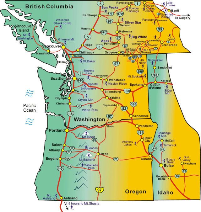 pacific northwest ski areas map with washington state, oregon, idaho, british columbia, alberta, mountain resorts, mt baker, stevens pass, mission ridge, crystal mountain, whistler blackcomb, apex, fernie, mt hood, sun valley, schweitzer, big white, sun peaks, snoqualmie alpental, white pass, mt bachelor